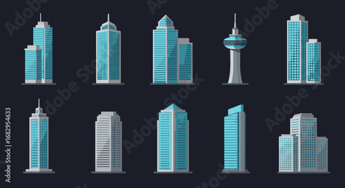 Modern urban skyline collection featuring skyscrapers and iconic towers on dark background