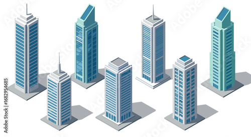 Modern isometric skyscrapers collection for urban architectural projects