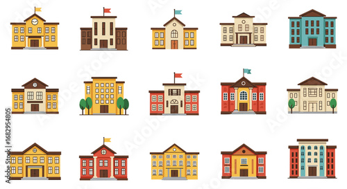Set of educational building icons in flat style for school and university themes