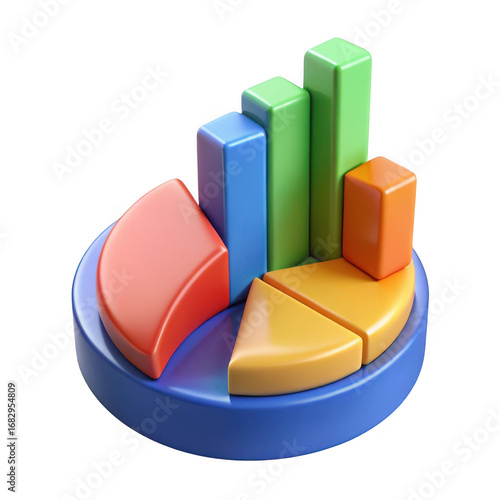 3d colorful bar chart and pie chart combination isolated on transparent background