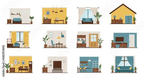 Modern home interior set with cozy living spaces and stylish furniture