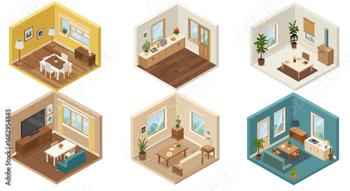 Modern isometric room interiors with minimalist furniture and cozy decor elements