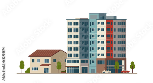 Modern urban apartment and traditional house side by side in flat style