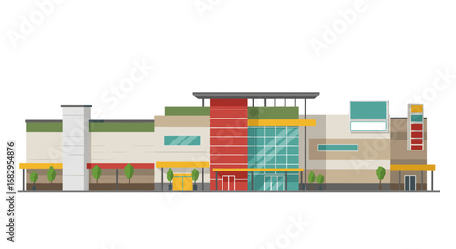 Modern shopping mall exterior with colorful facade and trees in flat design