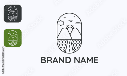 Capsule Landscape Logo Two Mountains Sunset Rice Fields Linear Black Design