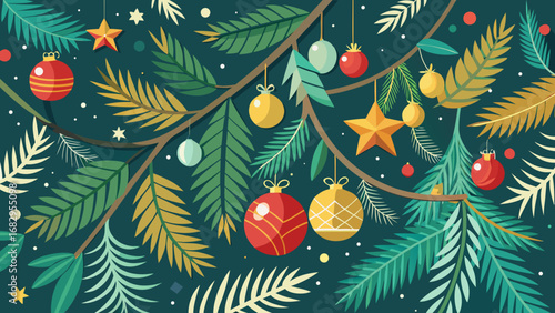 Vector art of a festive christmas background with ornaments and pine branches, perfect for holiday decorations and winter season greetings in a decorative style