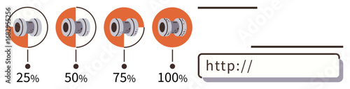Circular progress indicators showing 25, 50, 75, and 100 alongside a web address bar. Ideal for progress, technology, user experience, analytics, websites internet speed simple flat metaphor