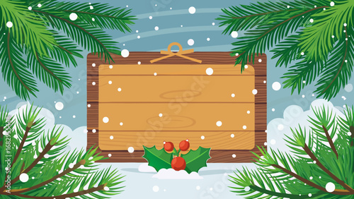 Vector art of festive christmas background with a wooden sign, decorated with pine branches, holly berries, and snow, ideal for holiday greetings and winter messages