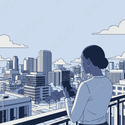 Woman on balcony overlooking cityscape using smartphone. Person enjoys city view from high rise building. Modern city life concept for urban lifestyle blog.