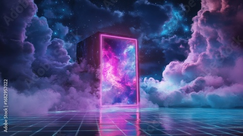 Glowing neon pink portal framing a nebula in night sky