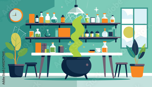 Magical Potion Brewing in a Cozy Alchemist's Workshop - Vector Illustration