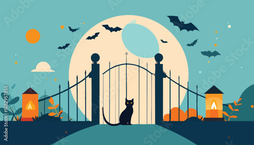 Spooky Halloween Night Black Cat Silhouette at Gate under Full Moon