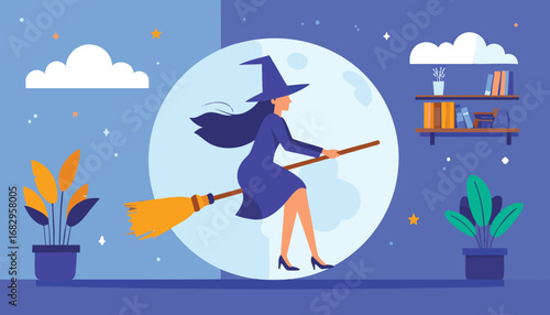 Young Witch Flying on a Broom at Night - Halloween Vector Illustration