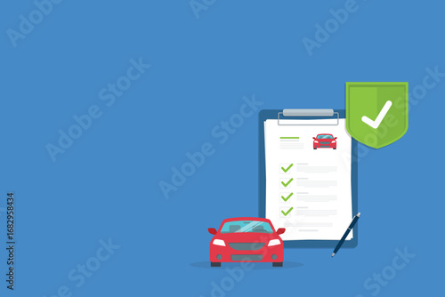 Car insurance document, report. Paper agreement checklist or loan checkmarks form list approved with automobile icon, vehicle financial, car dealership legal deal.	
