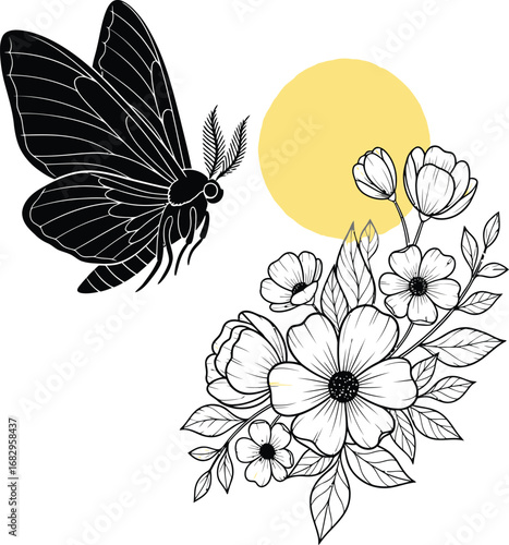 Black silhouette of a moth flying near a floral arrangement and yellow circle insect