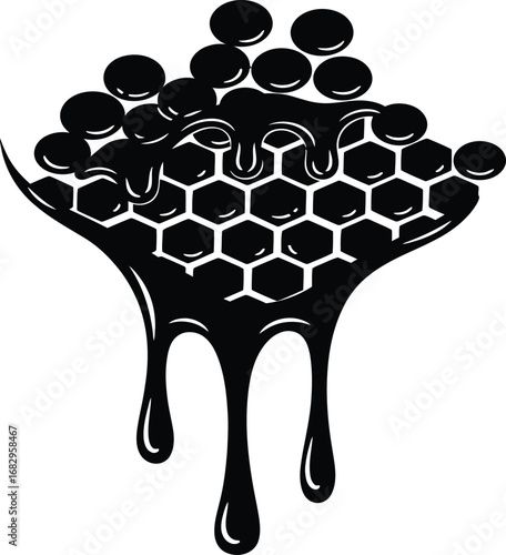 Black silhouette of dripping honeycomb with honey and bee eggs liquid sweet