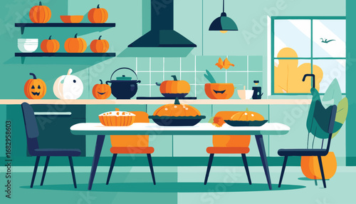 Cute Halloween Kitchen Scene with Pumpkins and Pies Festive Autumn Background