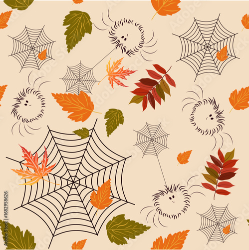 Seamless vector autumn Halloween pattern with funny spiders, webs and bright autumn leaves. Cute, modern and sophisticated background for Halloween. Suitable for fabric, wallpaper, wrapping paper