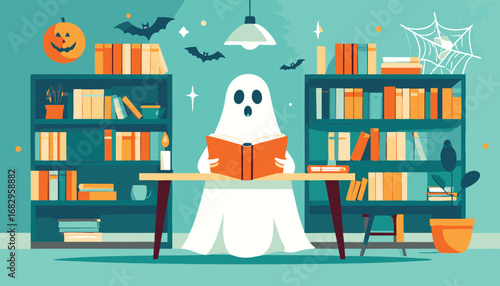 Friendly Ghost Reading Book in Halloween Library - Spooky Season Illustration
