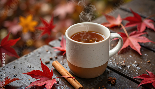 Steaming cup of tea with cozy autumn mood on wooden table surrounded by red maple leaves  
