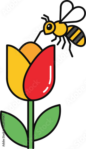 Yellow and red tulip with a bee collecting nectar on white background flower insect