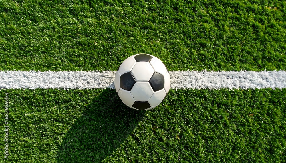 Obraz premium Soccer ball placed on white line of green football field, minimal closeup sports concept with clean turf texture, realistic stock photo for game strategy, training, match preparation, and editorial us