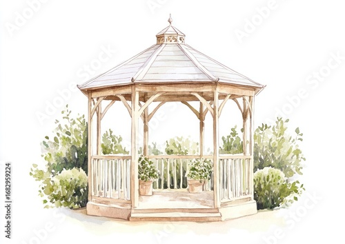 watercolor gazebo with plants, garden setting clip art preview