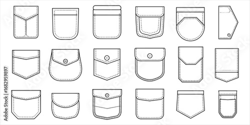 Assortment of flat fashion pocket designs for clothing and apparel in various shapes pockets