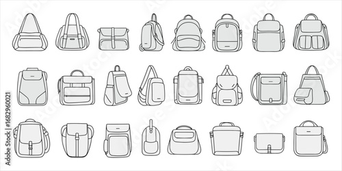 Assortment of Gray and White Outline Bags and Backpacks on White Background handbag tote bag