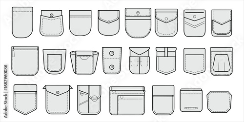 Assortment of Twenty- Four Hand Drawn Pocket Designs with Various Styles pockets clothing