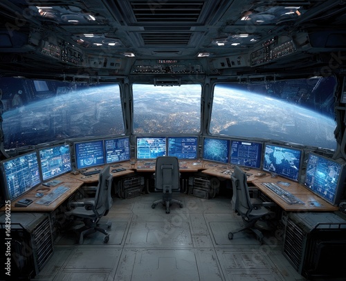 Futuristic spaceship control room with multiple monitors showing data and a view of Earth