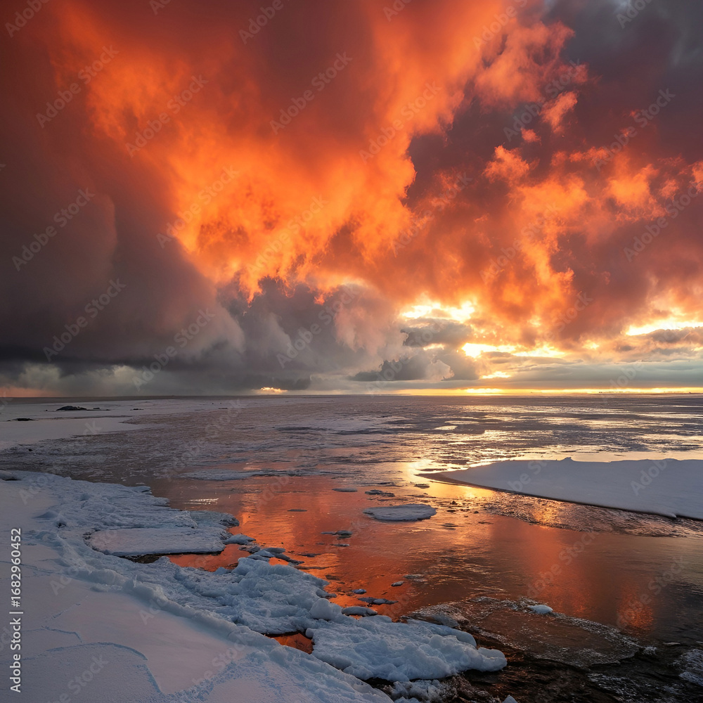 Fototapeta premium Surreal frozen ocean beneath burning clouds, symbolizing contrast, chaos, wonder, beauty, destruction, mystery, silence, eternity, and dreams.