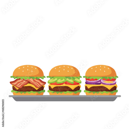 Three mini-burgers with bacon, avocado, and onion rings are displayed on a serving tray in a clean 2D flat vector illustration for a build-your-own burger bar.