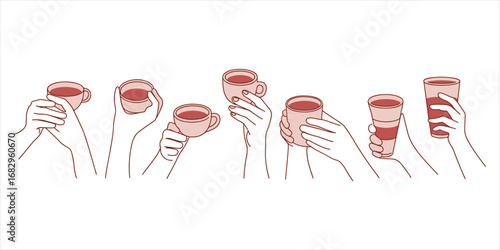 Diverse Hands Holding Various Coffee Cups and Glasses in a Line vector illustration