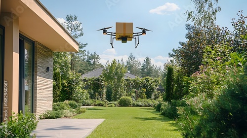 A drone delivering a package over a residential lawn, with houses and greenery.