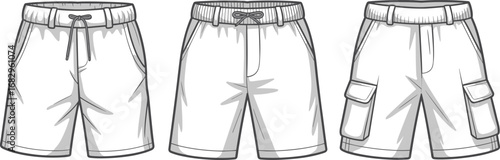Fashion flat sketches of men's shorts front views with pockets and drawstring illustration drawing