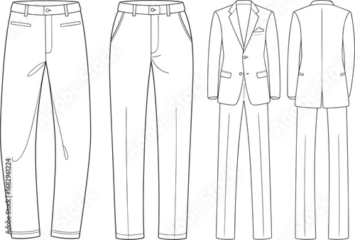Fashion flat sketches of men's suit and trousers front and back views illustration drawing