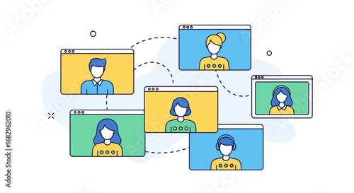 Conceptual illustration of a virtual meeting showing a network of people collaborating remotely online through video conference windows