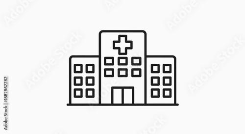 Minimalist line art icon of a hospital building, symbolizing healthcare, medical treatment, and emergency services