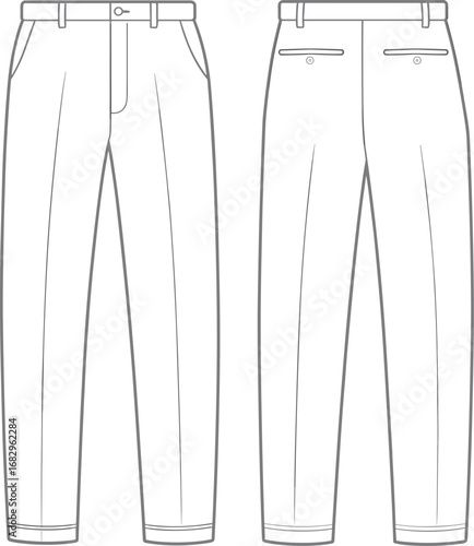 Front and back view line drawings of pleated trousers with belt loops pants women