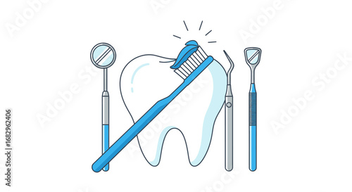 Dental health and oral hygiene concept illustrated with a clean white tooth, toothbrush with paste, and professional dentist instruments