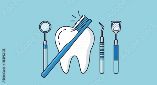 Dental care and oral hygiene concept showing a sparkling tooth with a toothbrush and professional dentist instruments. A flat line vector illustration for health