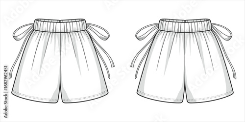 Front and back view line drawings of white shorts with a drawstring waist and bow ties clothing apparel
