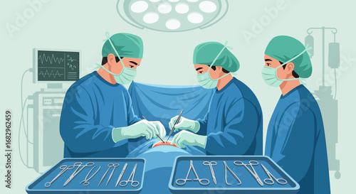 Medical Team Performing Surgery in an Operating Room with Surgical Instruments