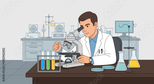 Scientist in a laboratory conducting research and analysis with a microscope and test tubes for a scientific breakthrough