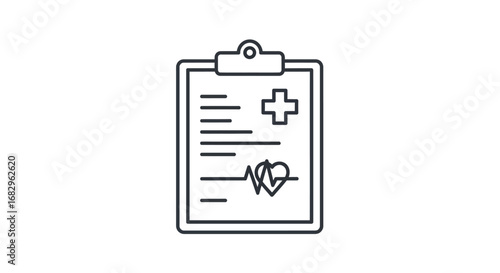 Medical history clipboard icon. Patient health report with cardiogram line. Healthcare and insurance document symbol