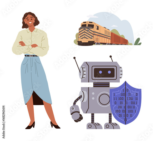 Confident woman standing, industrial train in motion, robot holding a shield with binary code. Ideal for innovation, technology, transportation, security, industry AI concepts future. Simple flat
