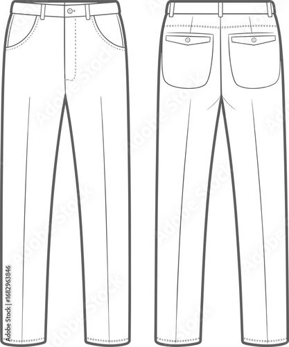 Front and back view of flat sketch mens tailored trousers with pockets pants fashion