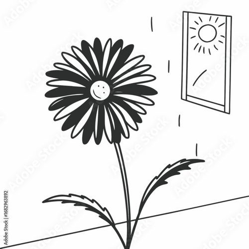 Minimilist illustration of a daisy with a smiling face and two leaves near a window with sunshine inside vector