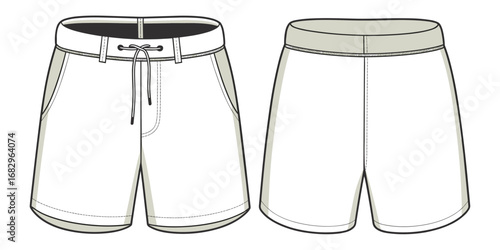 Front and back view of men's athletic shorts with drawstring line art men's shorts mens shorts